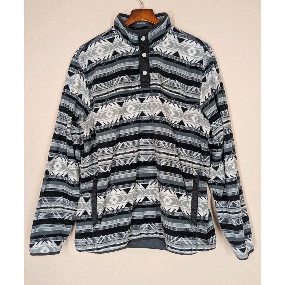 Eddie Bauer Mens XL Pullover Fleece Aztec Stripe Black Grey 1/4 Snap Collar Soft